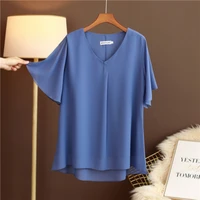 fashion brand tops womens summer m m large size loose belly covering chiffon shirt short sleeved v neck temperament small shirt