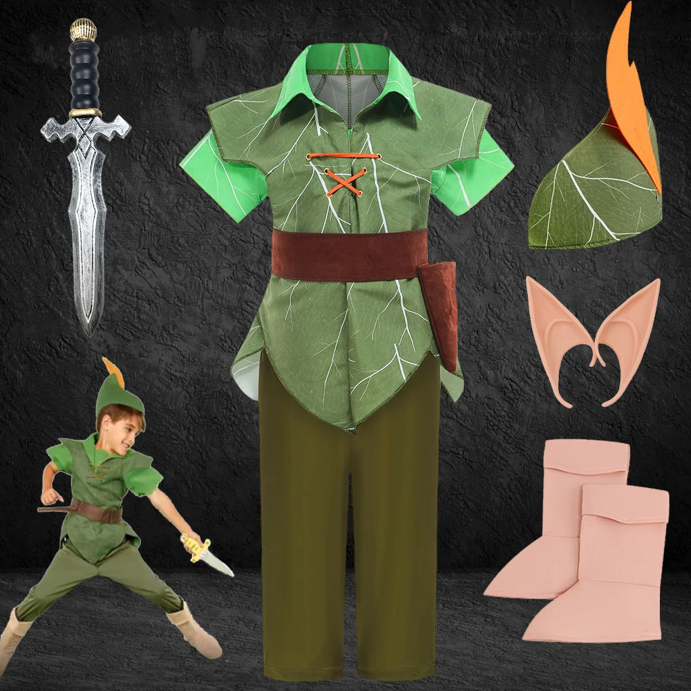 2023 Halloween Party Children Peter Pan Cosplay Costume Masquerade Boys Elf Green Clothing Set Fancy Fairy Tale Clothes for Kids