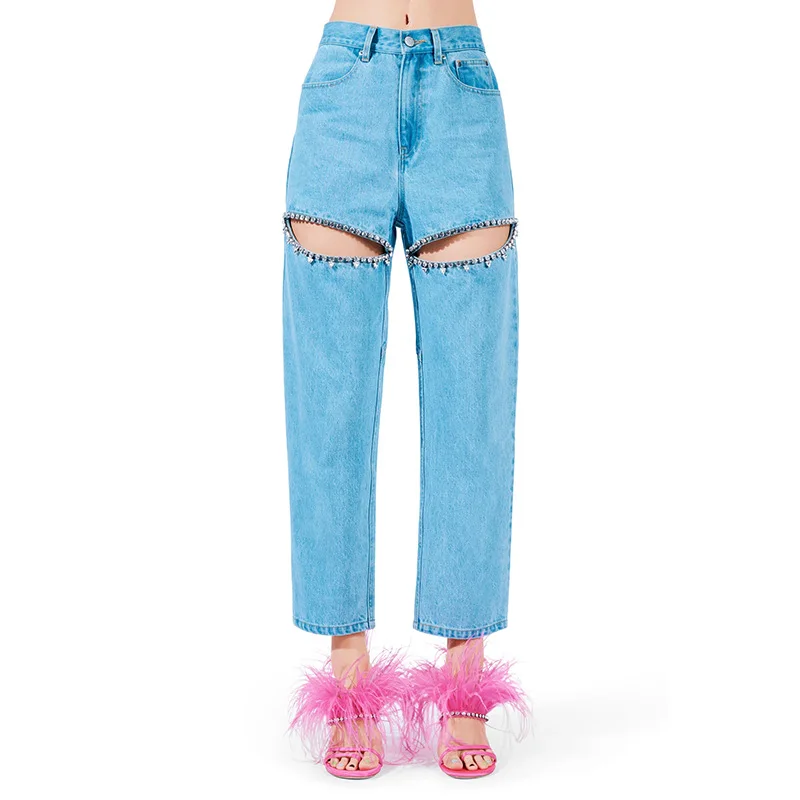 Autumn Fashion Diamond Beading Hollow Out Jeans Blue Loose Straight Length Pants High Waisted Denim Women Long Pants 2023 Brand