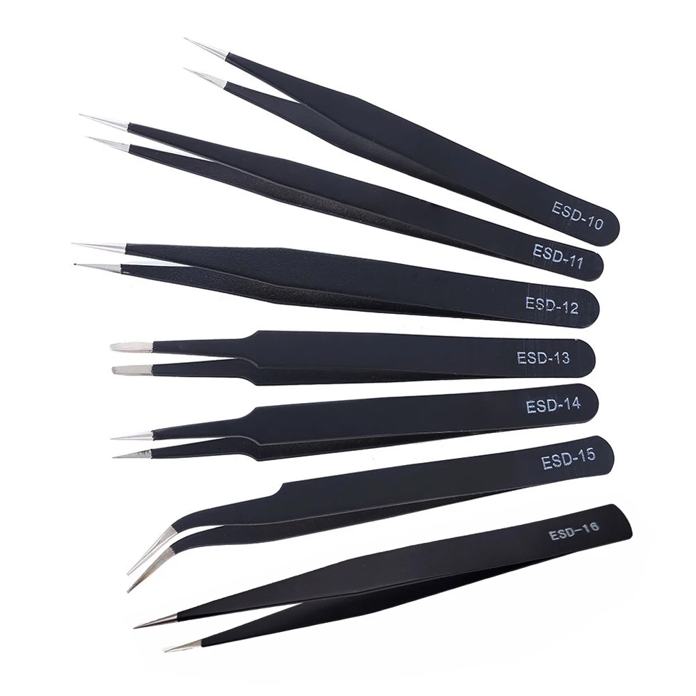 Anti-static ESD Stainless Steel Tweezers Maintenance Tools Industrial Precision Curved Straight Tweezers Repair Tools  tweezers dusco e precision anti static ceramic tweezers stainless steel ceramic tips tweezers insulated straight curved tip silver black