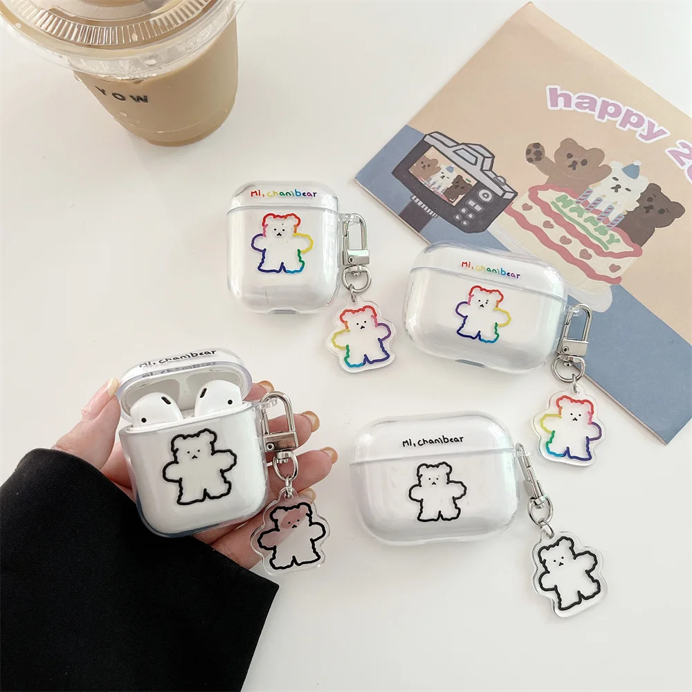

Новый прозрачный защитный чехол для Airpods 1/2/3rd с брелоком, милая мультяшная Радужная защита медведя для Airpods Pro, чехол
