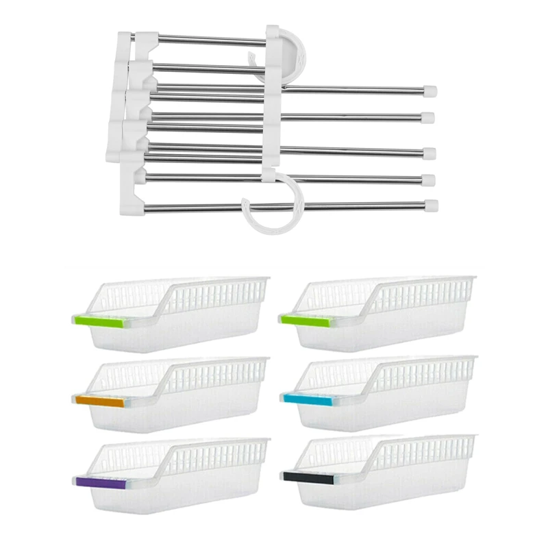 

1 Pcs Pants Hanger Closet Organizer Non Slip Multi Layers Storage Rack & 6 Pcs Fridge Organizer Drawer Storage Box