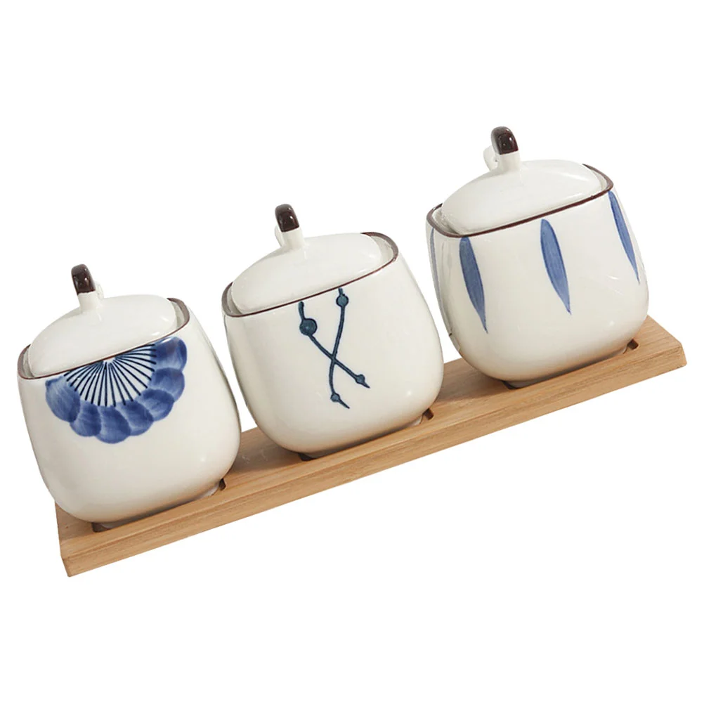 

1 Set of Multi-function Spice Container Ceramic Seasoning Jar Condiment Container with Bamboo Tray