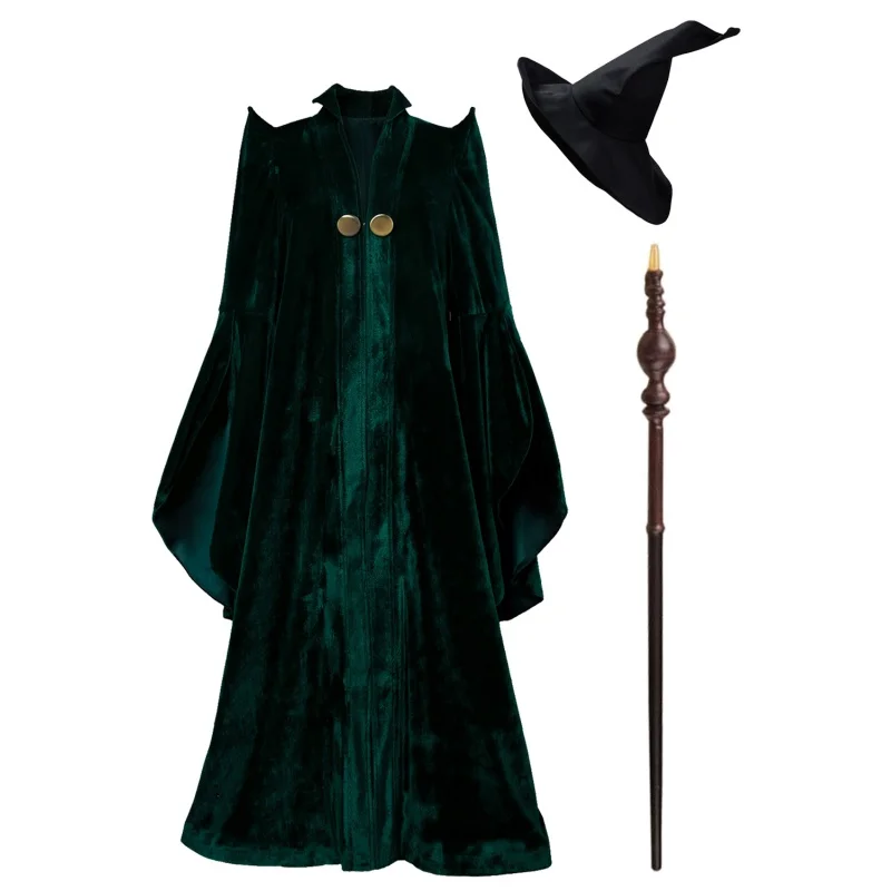 

Professor Minerva McGonagall Cosplay Costume Outfits Velvet Cape Green Cloak Wand Hat Set For Women Halloween Role Play Party
