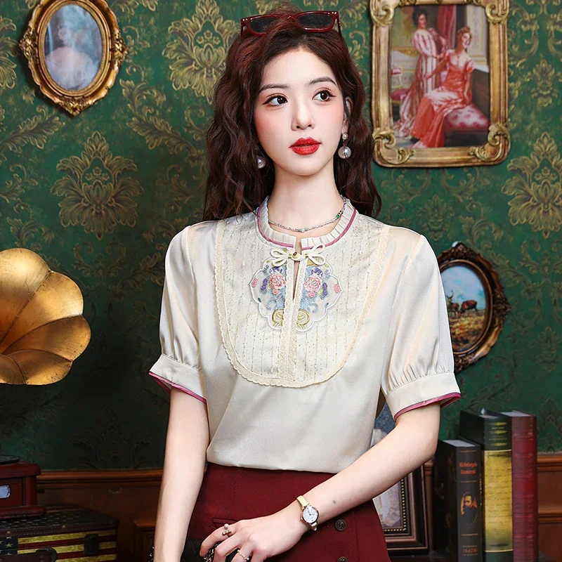 Женские блузки с вышивкой в китайском стиле летняя свободная одежда коротким