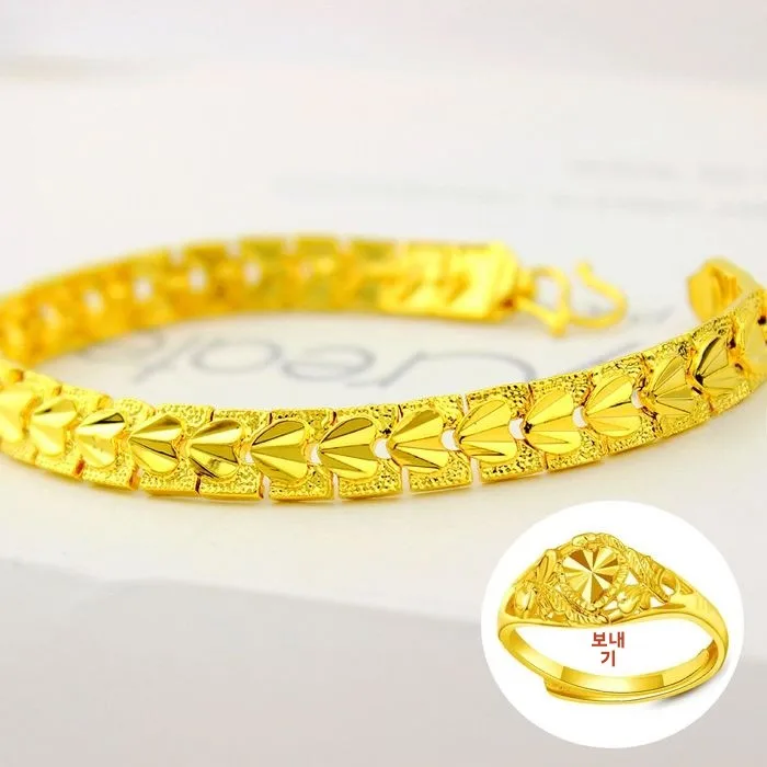 [Ring for Free] Women Bracelet Rose Heart-Shaped Gold-Plated No Fading Vietnam Gold Jewelry Gift