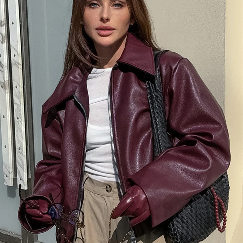 Уличные бордовые куртки из искусственной кожи женские американские винтажные