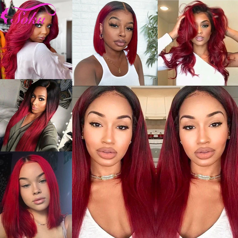 99J/Burgundy Brazilian Straight Human Hair Bundles With Frontal 13x4 SOKU Ombre Red Hair Weave Bundles With Closure Remy Hair