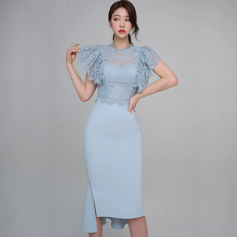 

WTIANYUW New 2 Piece Set Women Summer Korean Bodycon Fashion Temperament Lace O Neck Flare Sleeve Tops+Sheath Skirts Suits