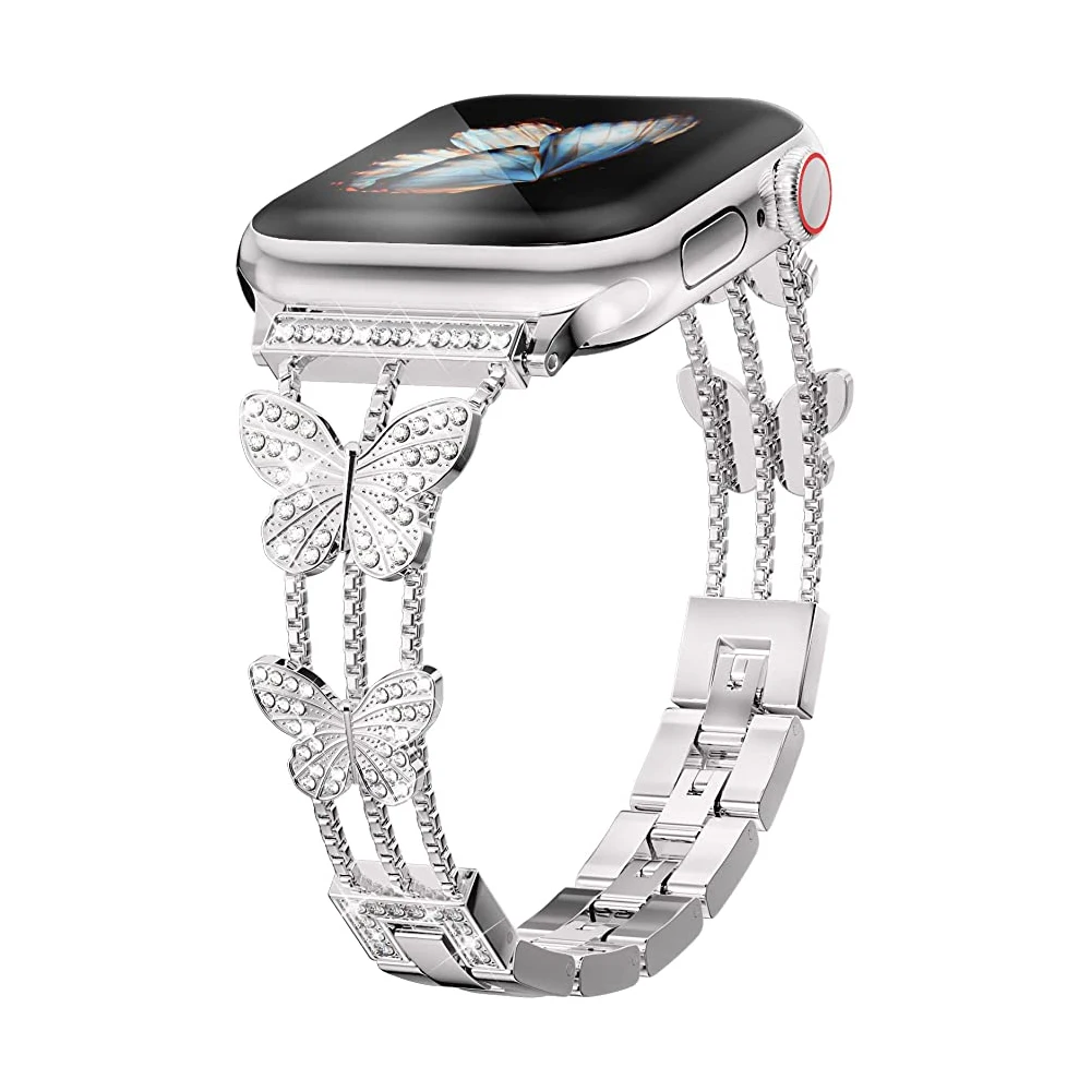 Xasiy Compatible With Apple Watch Strap 38mm 40mm 41mm 42mm 44mm 45mm 49mm Vrystal Sparkly Butterfly Girls Jewelry Metal Band