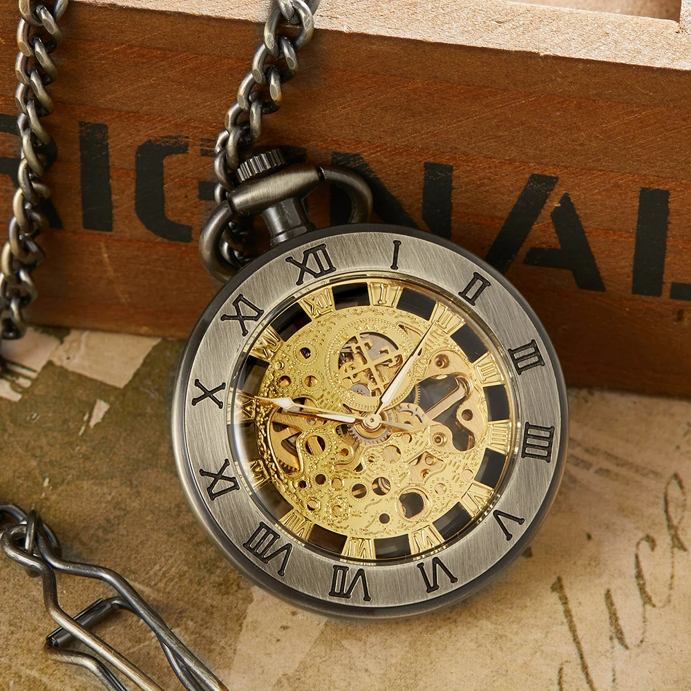 Bronze Vintage Mechanical Pocket Watch Men Roman Dial Fob Chains Skeleton Steampunk Clock Antique Pendant Necklace reloj hombre