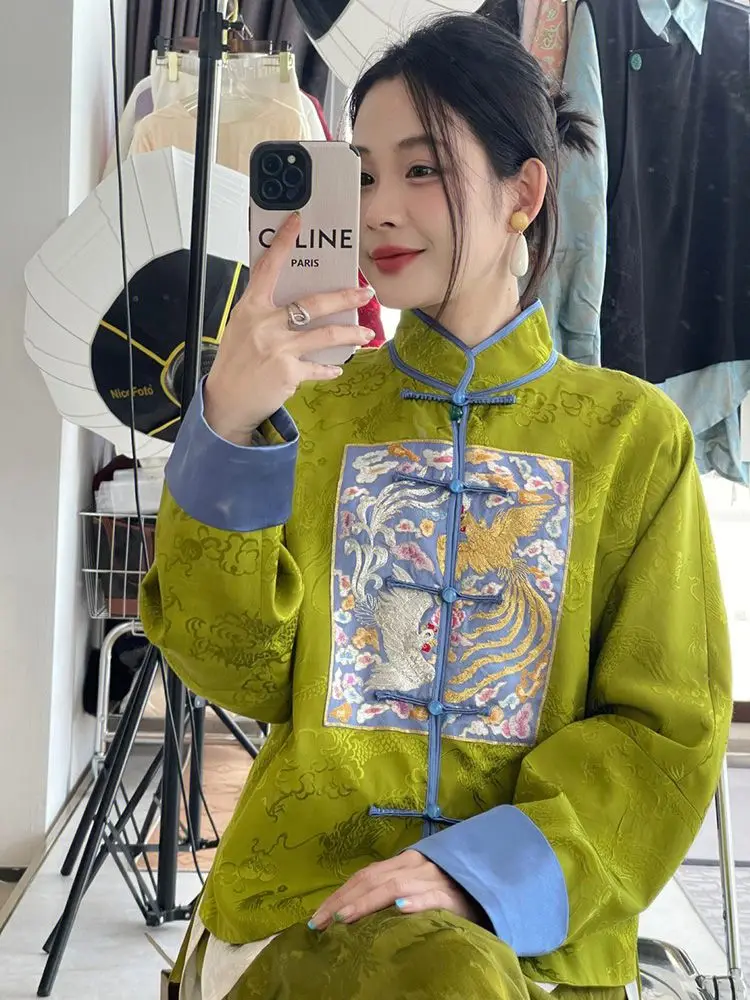 

Cool Department Senior Sense Top 2023 New Early Spring Clothes New Chinese Style Pan Buckle Embroidery Printed Green Shirt