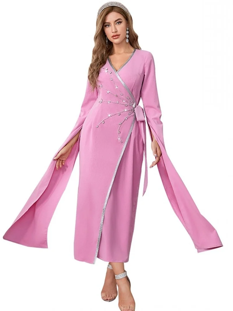 Abaya Muslim Dress Women With Diamond V Neck Cloak Sleeve Robe Summer New Fashion Solid Elegant Party Muslim Long Dress Vestidos