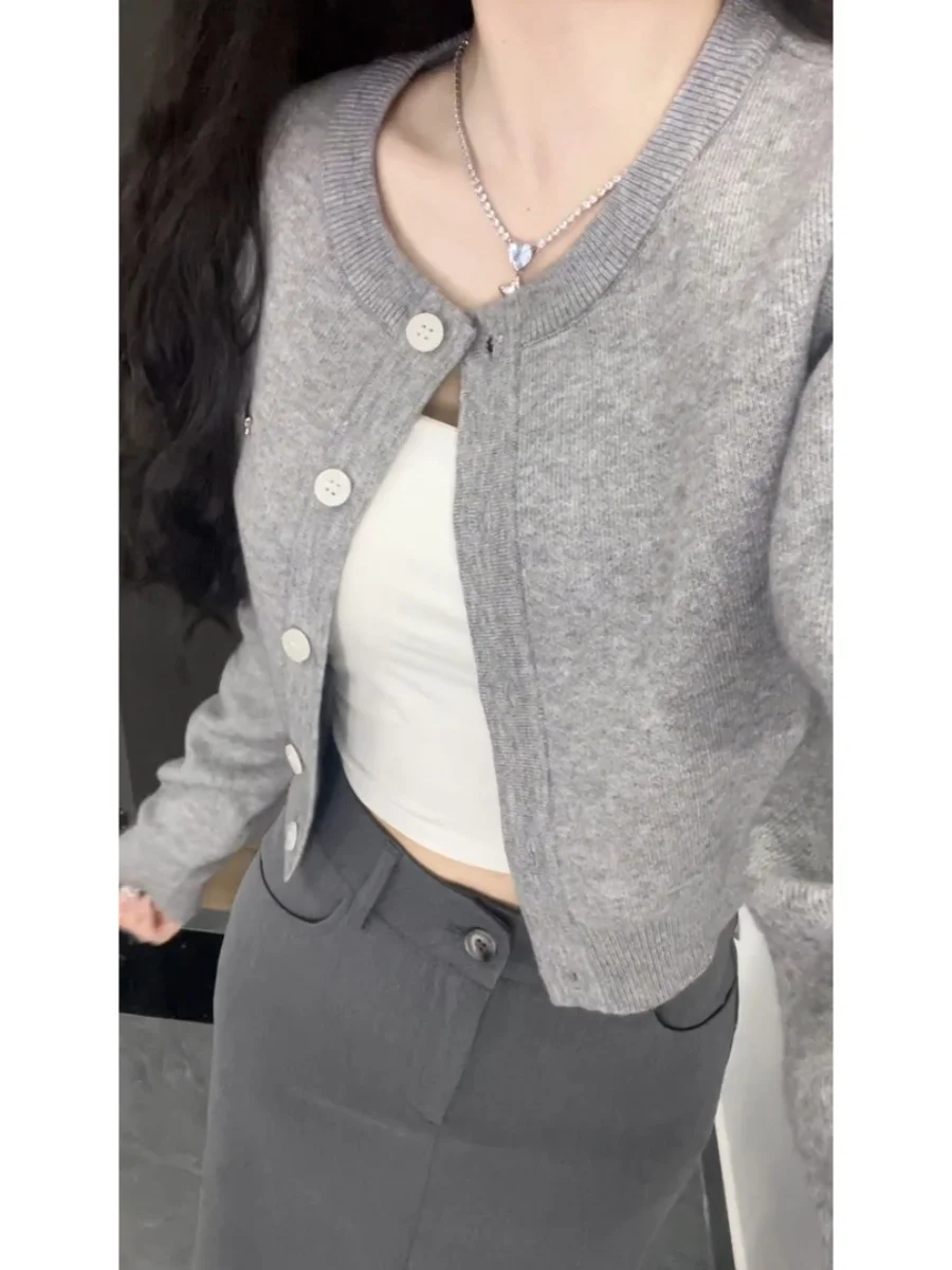 Серый свитер вязаный кардиган женский весенне-осенний 2024 новинка маленький
