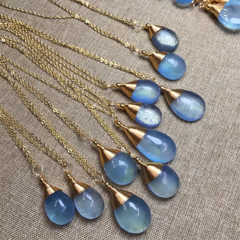 

Natural Aquamarine Pendants Necklaces Natural Stone Clavicle Chain For Women Men Gift Crystal Beads Clear Stone Silver 1pcs