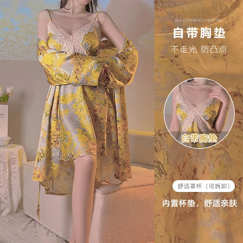 

Sexy Printed Satin Lace Applique 2PCS Robe Gown Sets Womens Nighty Bathrobe Backless Nightgown Casual Home Wear Kimono Sleepwear