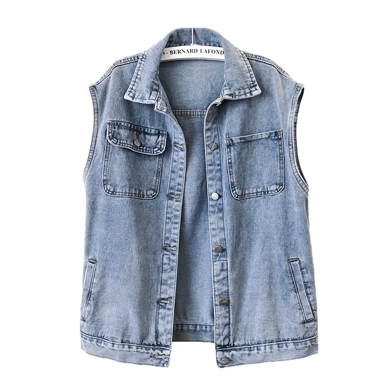 

Autumn Vintage Wash Blue Denim Vest Women Waistcoat Loose Mid Length Cowboy Sleeveless Jacket Pocket Casual Jeans Vests Female