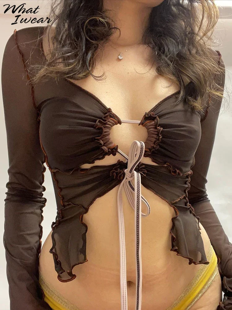 

Whatiwear Shear Mesh Tops For Girls Charming See Through Unique Shoulder Design топ женский 2022 New Style Street Wear Clothes