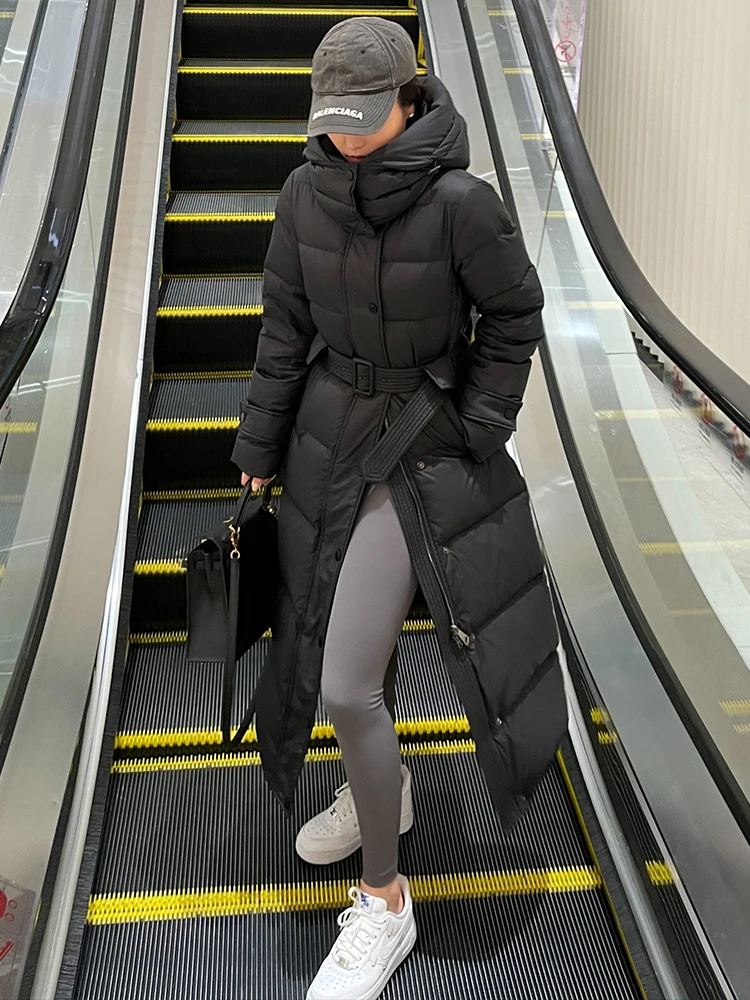 

2022 Winter Duck Down Jackets Women Long Sleeve Thin Long Coat with Belt Thicken Warm Casual Slim Female Casual Down Jacket D180