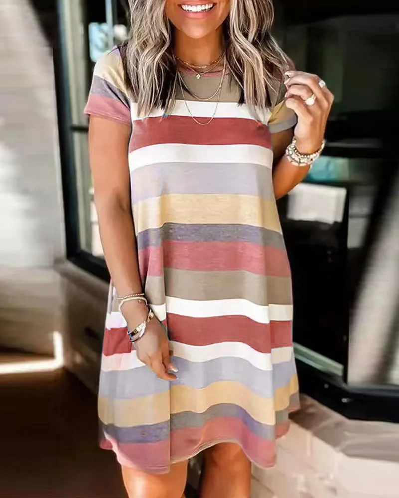 

Colorful Striped Printed Dresses Women O-neck Short Sleeve Summer Casual Dress Oversized Ladies Loose Mini T-shirt Dress Vestido