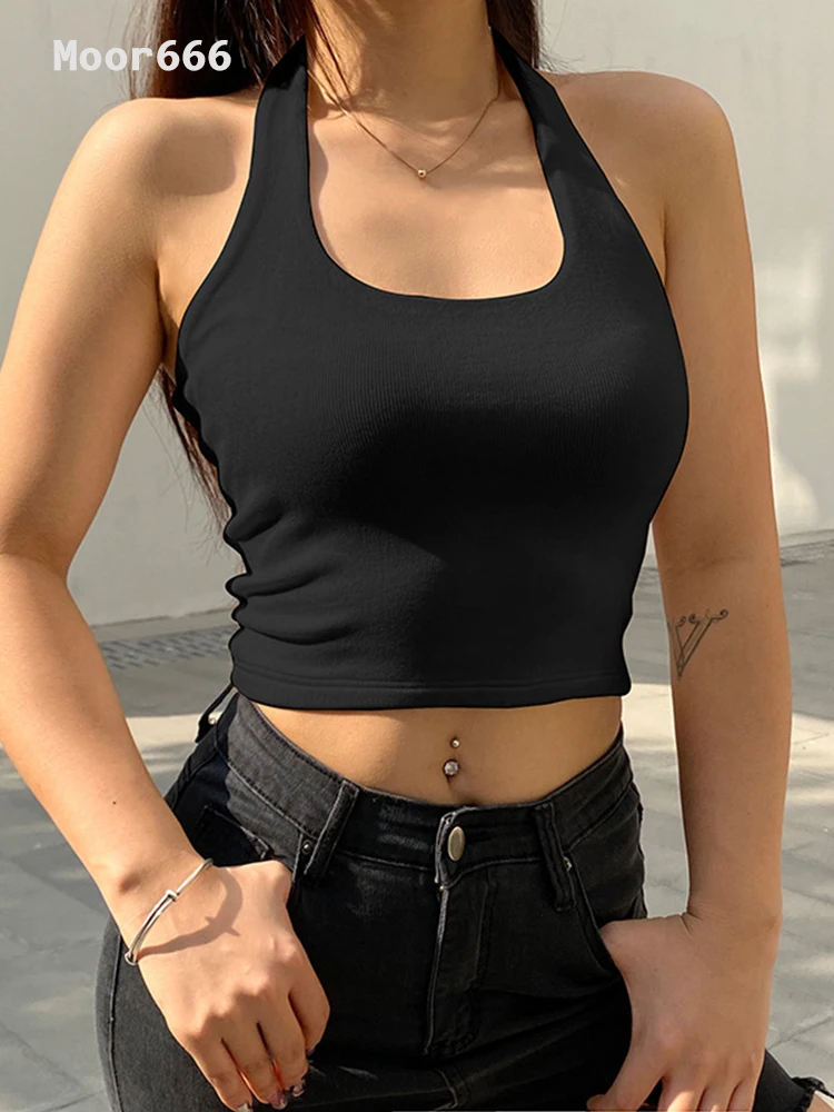 Топ с лямкой на шее женский летний топ пикантный однотонный без рукавов 2022 в