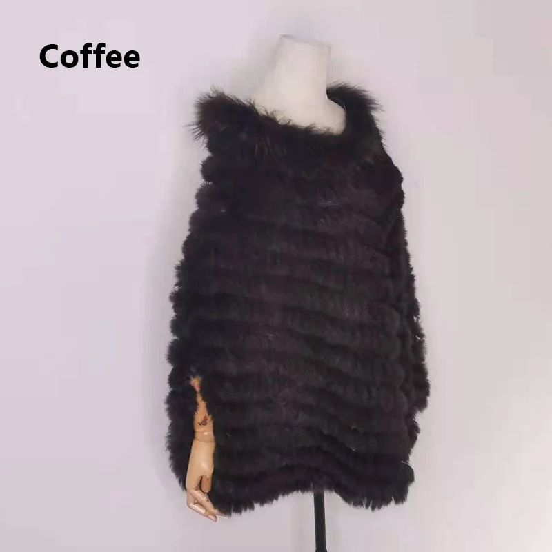 Women Luxury Rabbit Fur Raccoon Fur Poncho Knitted Pullover Cape Real Fur Knitting Wraps Shawl Lady Fahion Warmth Big Shawl