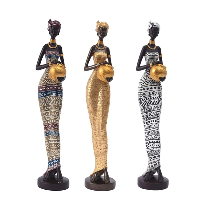 

African Woman Sculpture Exotic Tribal Lady Sculptures Resin Girl Figurines Home Decorations Resin Statue Art Craft Gift 40JA
