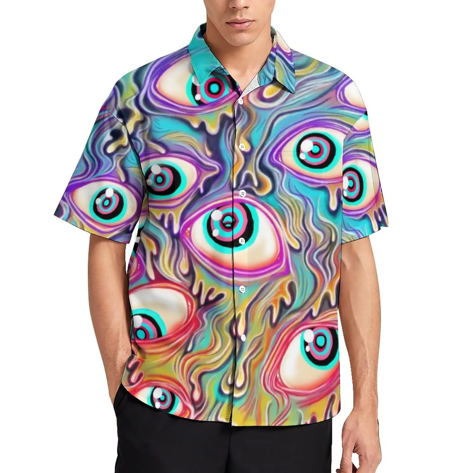 

Цветная Повседневная рубашка с капающими глазами, Пляжная Свободная рубашка с узором глаз, Гавайские винтажные блузки, Одежда большого размера с коротким рукавом