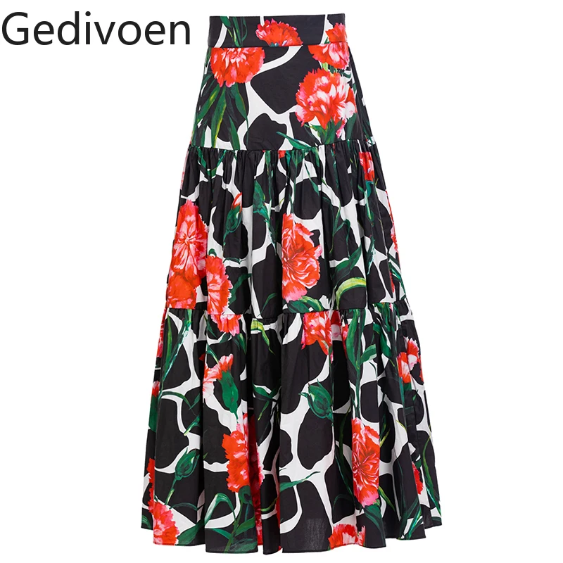 Gedivoen Fashion Designer Summer Cotton Skirts Women Balck White Floral print Vacation Casual Skirts