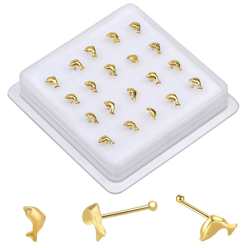 

Серьги-гвоздики для носа для женщин и мужчин, миниатюрные кольца для пирсинга носа, ювелирные изделия для пирсинга тела, шарики в форме дельфина, цвета Серебро и золото, 20 шт.