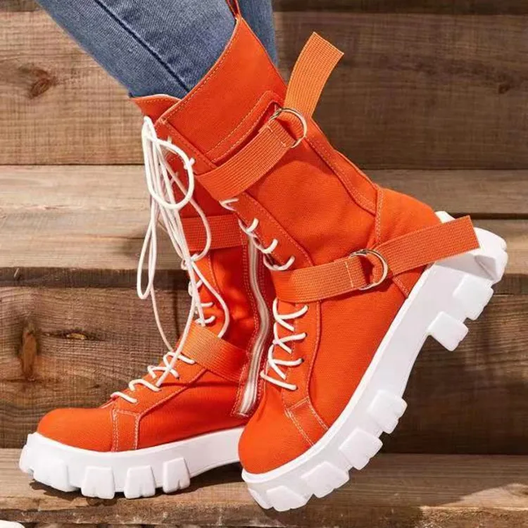 

Women's Shoes Pop Spring Style Platform Comfortable Boots Zipper Casual Mid-Calf Round Toe Flat with Boots Femmes Bottes