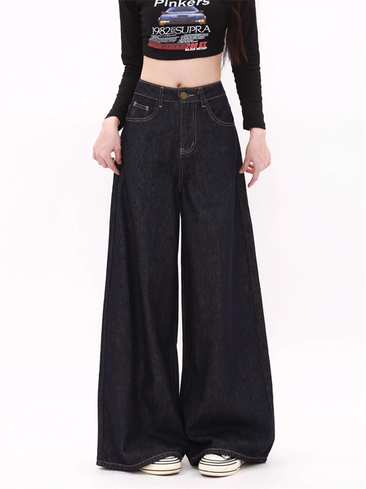 Женские темно-синие прямые джинсы с высокой талией широкая уличная одежда крутые