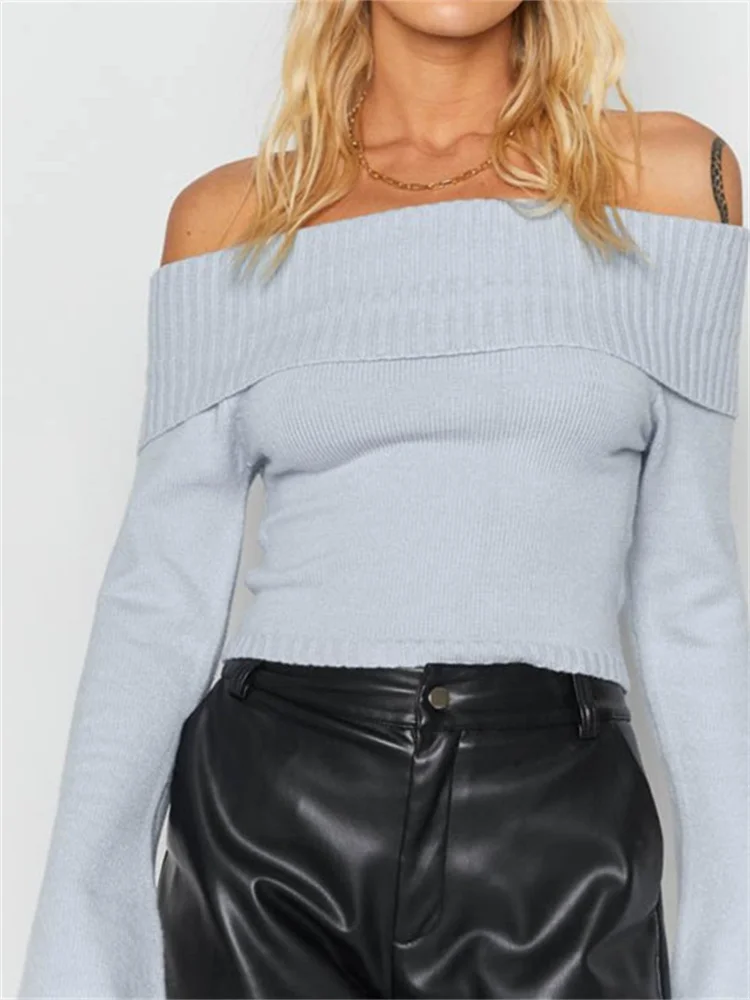 CHRONSTYLE Women Slash Neck Knitted Sweaters Tops Streetwear Long Sleeve Off Shoulder Ribbed Pullovers Slim Fit Causal Jumpers images - 6