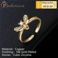 new ins style simple bee shape opening ring zircon shiny copper 18k gold plating adjustable ring vintage party wedding jewelry