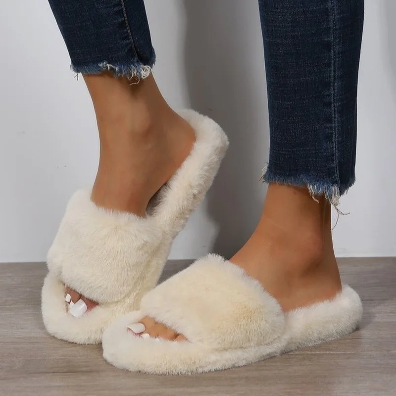 

Fluffy Fur Furry Thick Platform Home Shoes of Women 2022 Women's Slippers Autumn Winter Warm Plush Slides Non-slip Slides Indoor