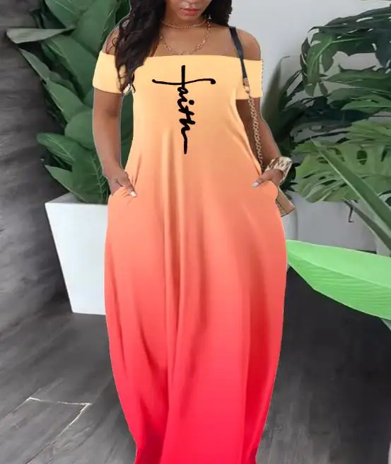 

Dresses for Women 2023 Summer New Temperament Commuting Faith Print Ombre Off Shoulder Maxi Dress Casual Fashion Street Apparel