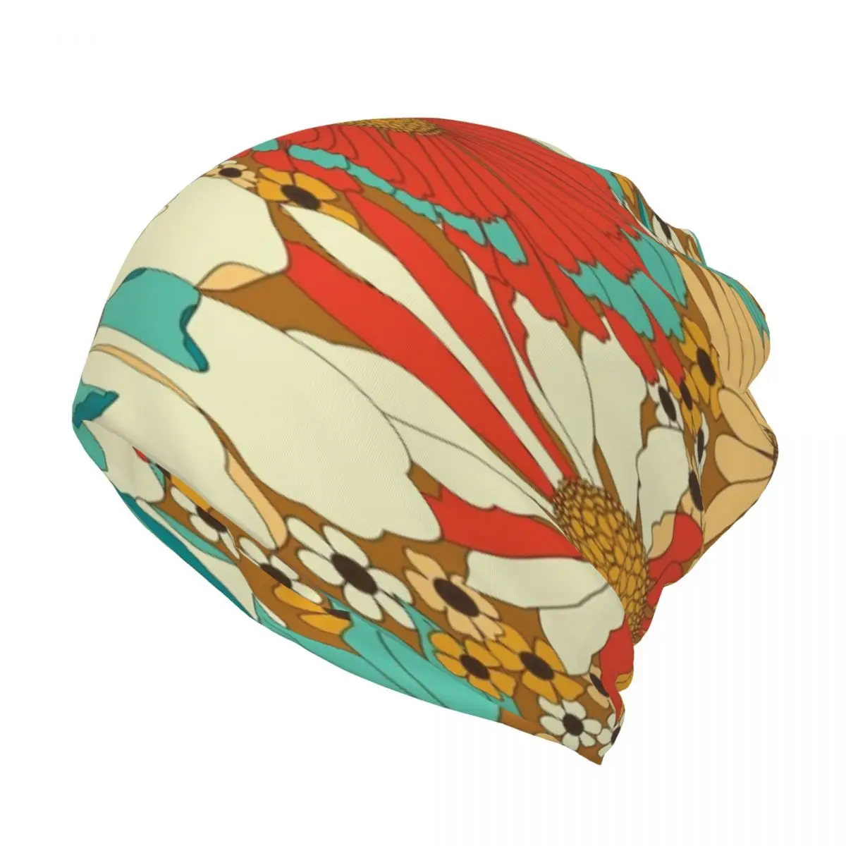 

Red, Orange, Turquoise & Brown Retro Floral Multifunction Beanie Hat Fashionable Unisex For Travel Soft Fabric Nice Gift