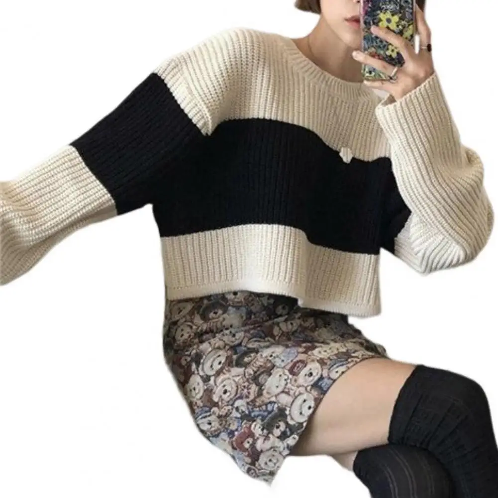 

Sweater Pullover O-Neck Long Sleeves Loose Women Knitwear Autumn Striped Cropped Sweater 가을 여성 의류