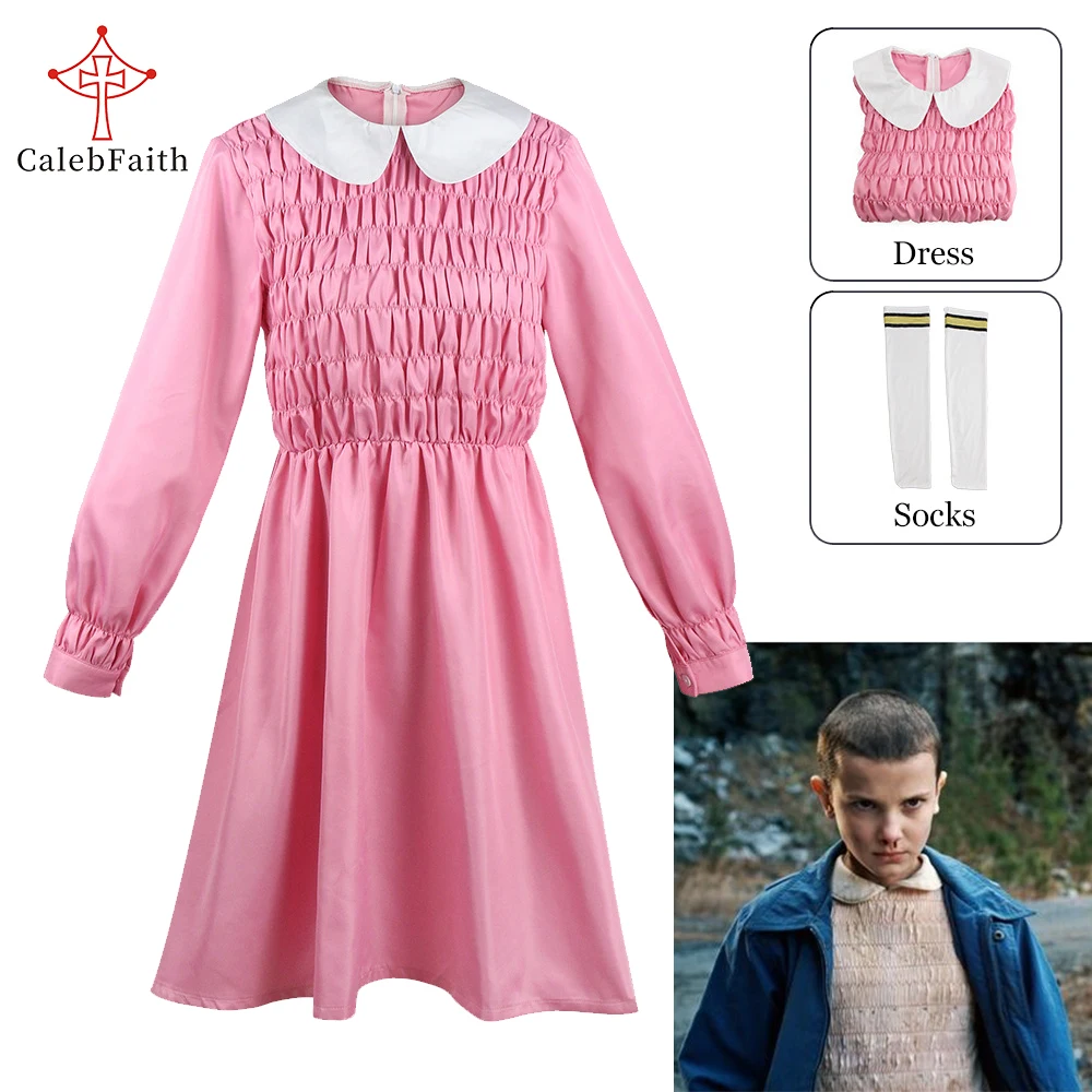 CalebFaith Movie Stranger Things 4 - Eleven Cosplay Costume Pink Dress Socks Carnival Party for Women Girls Outfit Daily Wear |
