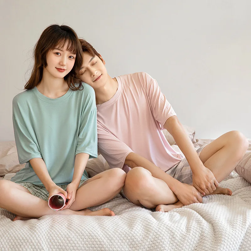 Home Clothes Modal Cotton Couple Pajamas Female Summer thin style casual Short Sleeve large size two piece set