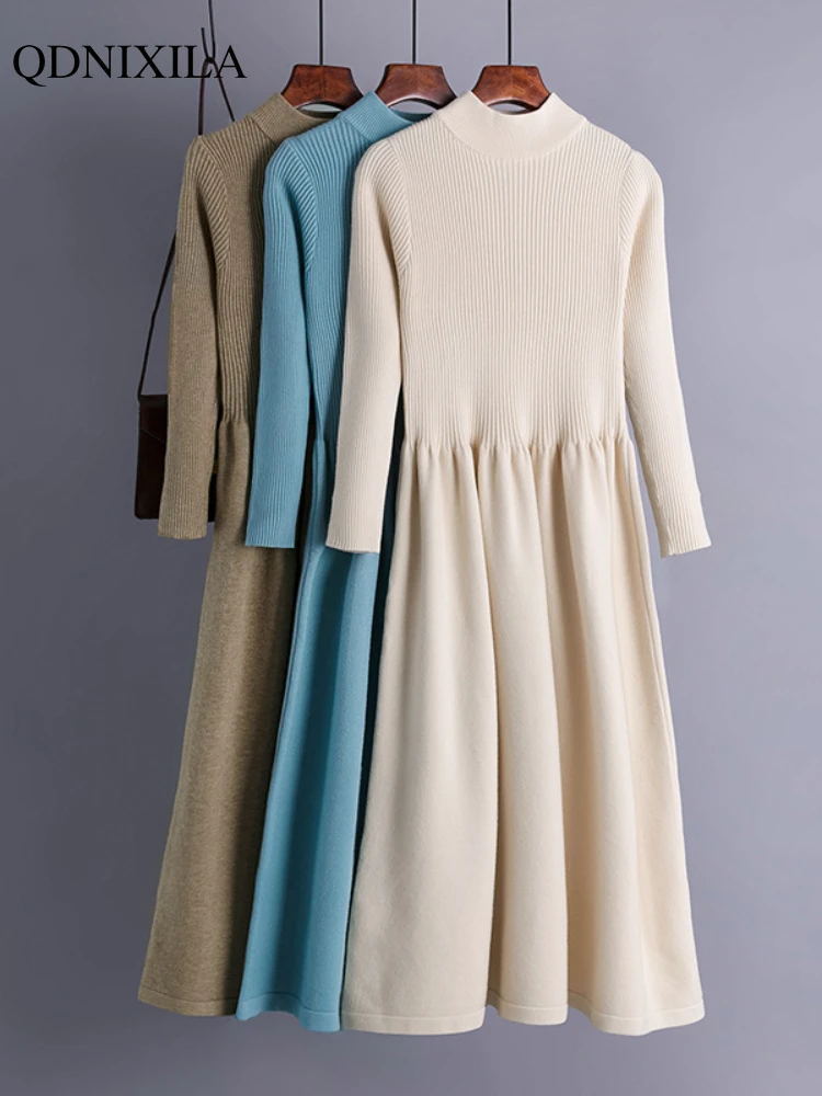 

Женское трикотажное платье-свитер, длинное трикотажное платье-свитер с высоким воротником и длинными рукавами, Осень-зима 2023