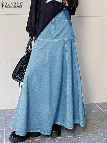 Юбка ZANZEA Женская трапециевидная с завышенной талией, повседневная винтажная длинная юбка-макси, элегантная юбка с запахом, лето 2024