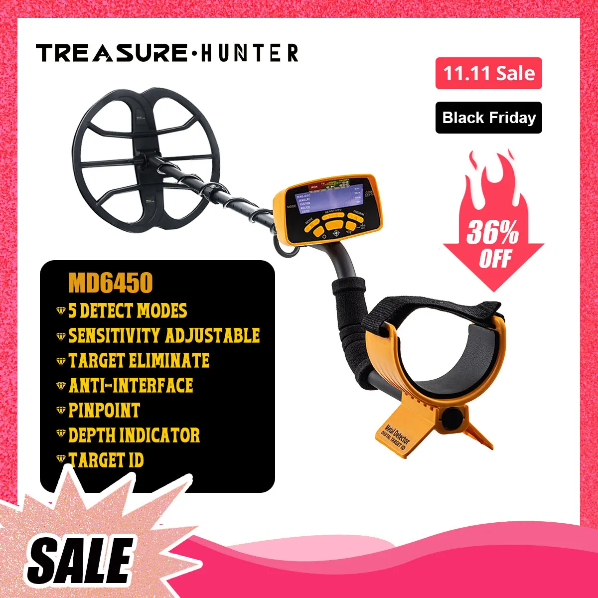

Treasure Hunter MD6450 13inch Coil Gold Silver Metal Detector Professional Underground Waterproof Pinpointer High Sensitive
