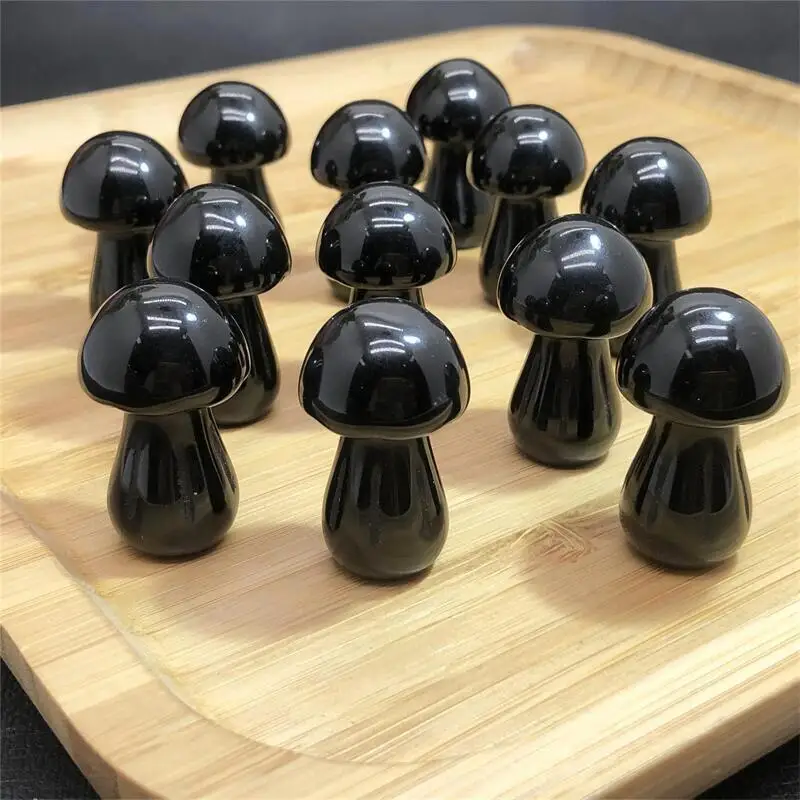 

Natural Stone Black Obsidian Crystal Mushroom Carvings Healing Reiki Gift Crafts Home Room Decoration 5pcs