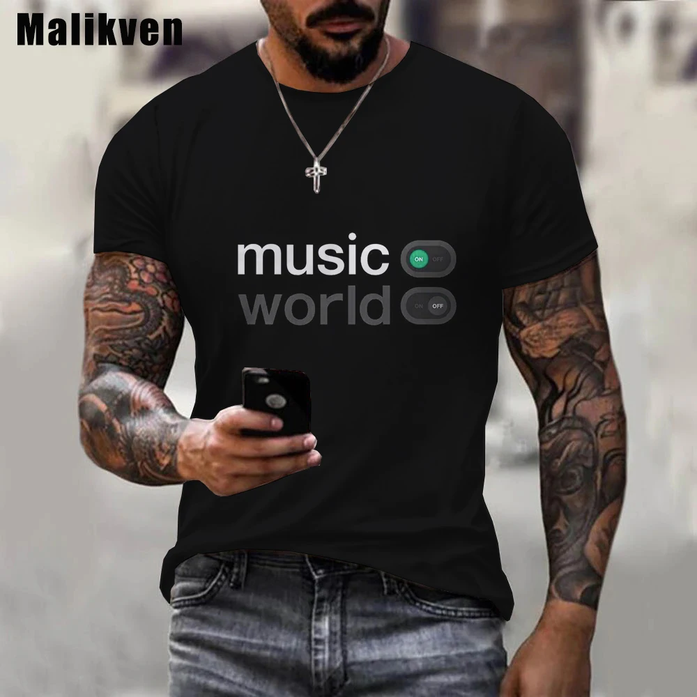 

Футболка мужская оверсайз с 3d принтом, Повседневная футболка с надписью Music On World Off