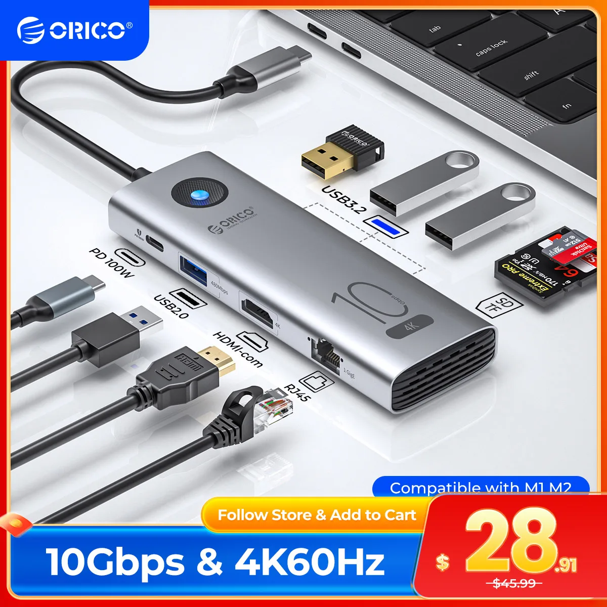 Док-станция ORICO 10Gbps Type C 4K60Hz HDMI-совместимый концентратор USB3.0 2,0 RJ45 PD100W адаптер кардридер для аксессуаров для ноутбуков