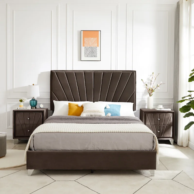 

King Bed with Two Bedside Tables Beautiful Line Striped Cushions Headboard Strong Wooden Strip with Electroplated Metal Legs