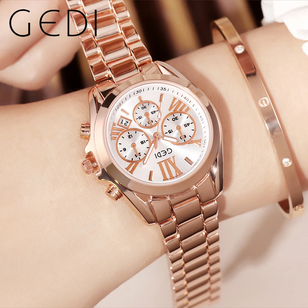 GEDI Waterproof Womens Watches Original Luxury Women's Watch Lady Luminous Fashion Quartz Bracelet Calendar Rose Gold Wristwatch