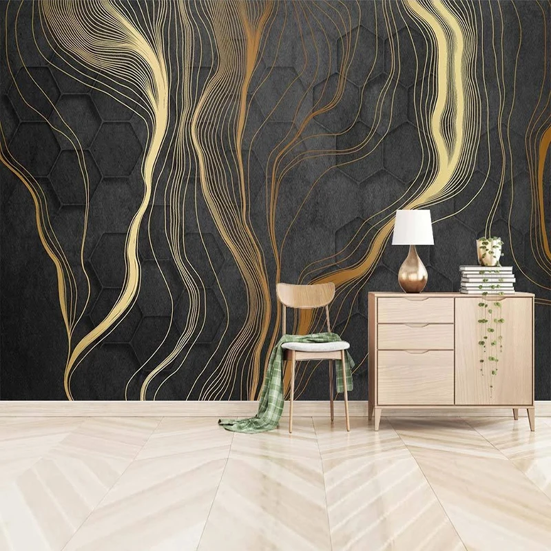 

Custom 3D Wallpaper Modern Simple Golden Line Stripe Photo Mural Living Room Study Decor Creative Art Wall Papers For Walls 3 D