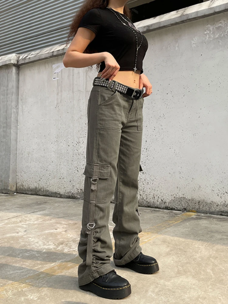 

Винтажные повседневные джинсовые брюки WeiYao в стиле пэчворк с заниженной талией и карманами, уличная одежда, джинсы-карго, женские эстетические брюки 90-х